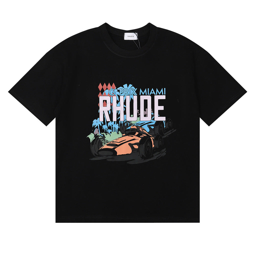 Rhude T-shirt Alphabet Coconut Racing Pattern Short Sleeve T-shirt